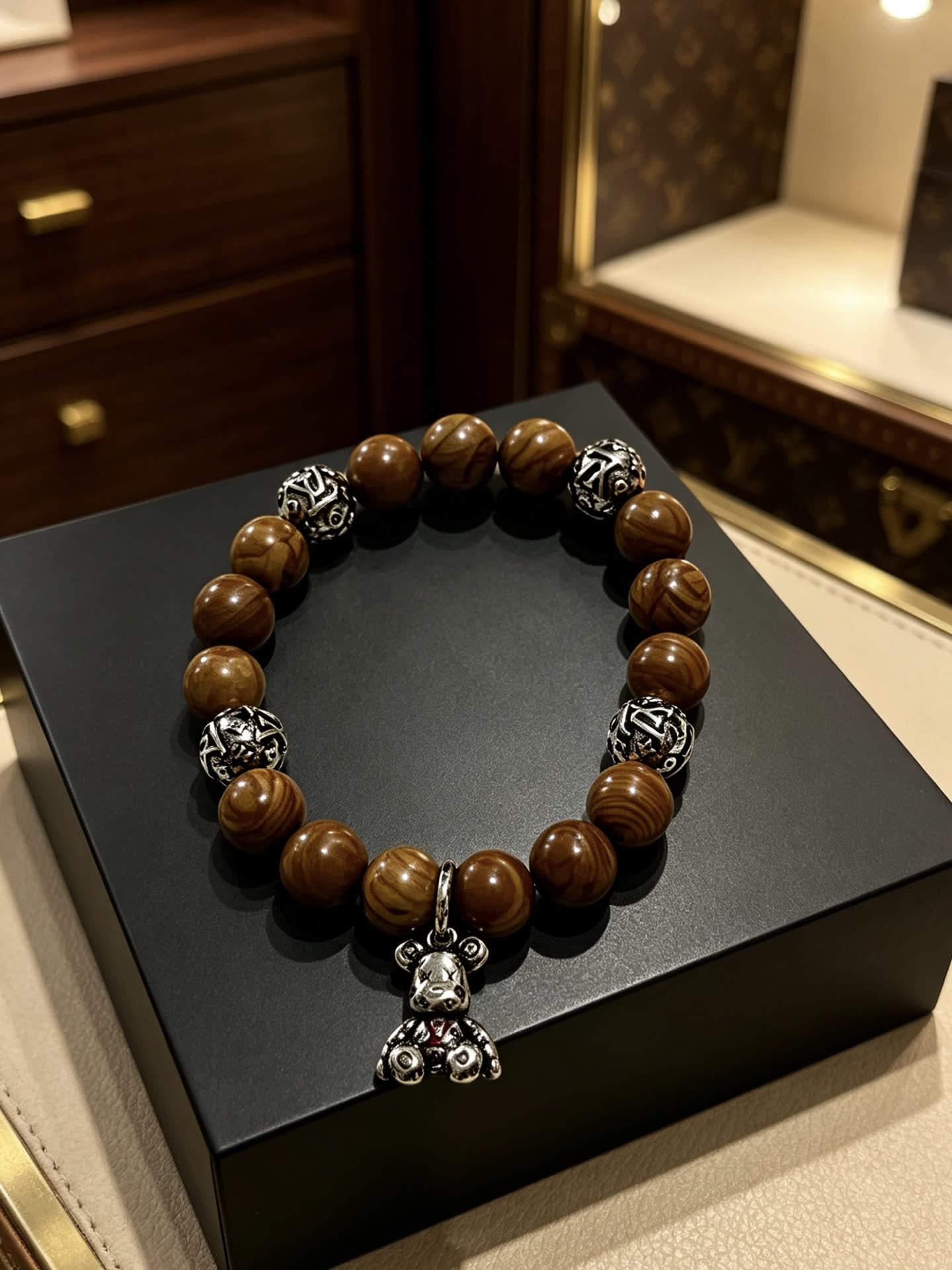 Louis Vuitton Brown Beaded Bracelet with Silver Accents